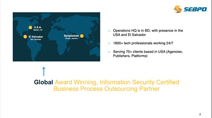 Company capabilities slide with international footprint